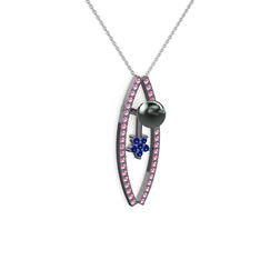 Lenta İnci Kolye - Siyah inci, pembe kuvars ve lab safir 925 ayar siyah rodyum kaplama gümüş kolye (40 cm beyaz altın rolo zincir) #dpuz5q