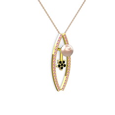 Lenta İnci Kolye - Pembe inci, pembe kuvars ve siyah zirkon 18 ayar altın kolye (40 cm rose altın rolo zincir) #dxxjci