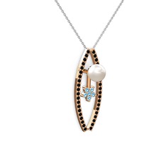 Inci, siyah zirkon ve akuamarin 8 ayar rose altın kolye (40 cm beyaz altın rolo zincir)