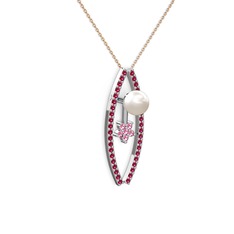 Lenta İnci Kolye - Inci, rodolit garnet ve pembe kuvars 18 ayar beyaz altın kolye (40 cm rose altın rolo zincir) #e9rlcb