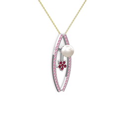 Inci, pembe kuvars ve rodolit garnet 925 ayar gümüş kolye (40 cm altın rolo zincir)