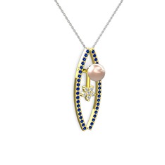 Lenta İnci Kolye - Pembe inci, lab safir ve swarovski 14 ayar altın kolye (40 cm beyaz altın rolo zincir) #egp743