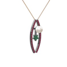 Inci, rodolit garnet ve yeşil kuvars 925 ayar siyah rodyum kaplama gümüş kolye (40 cm gümüş rolo zincir)