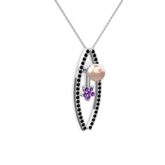 Lenta İnci Kolye - Pembe inci, siyah zirkon ve ametist 925 ayar gümüş kolye (40 cm beyaz altın rolo zincir) #esxe5r