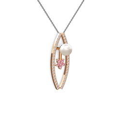 Inci, pırlanta ve pembe kuvars 14 ayar rose altın kolye (0.3 karat, 40 cm gümüş rolo zincir)