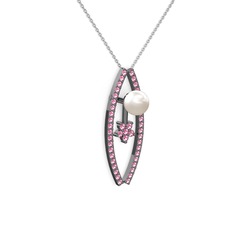 Lenta İnci Kolye - Inci ve pembe kuvars 925 ayar siyah rodyum kaplama gümüş kolye (40 cm beyaz altın rolo zincir) #exbpqi