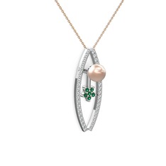 Pembe inci, swarovski ve yeşil kuvars 925 ayar gümüş kolye (40 cm rose altın rolo zincir)