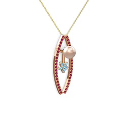 Lenta İnci Kolye - Pembe inci, rodolit garnet ve akuamarin 14 ayar rose altın kolye (40 cm altın rolo zincir) #f379s7