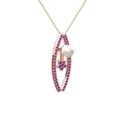 Lenta İnci Kolye - Inci ve ametist 8 ayar rose altın kolye (40 cm altın rolo zincir) #f38l9b