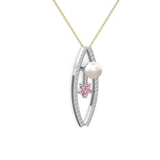 Inci, pırlanta ve pembe kuvars 18 ayar beyaz altın kolye (0.3 karat, 40 cm altın rolo zincir)