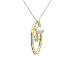 Lenta İnci Kolye - Inci, pırlanta ve akuamarin 18 ayar altın kolye (0.3 karat, 40 cm beyaz altın rolo zincir) #fhmx4s