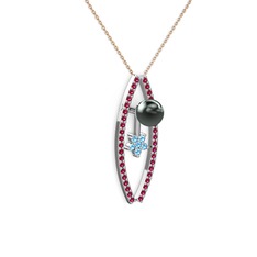 Lenta İnci Kolye - Siyah inci, rodolit garnet ve akuamarin 925 ayar gümüş kolye (40 cm rose altın rolo zincir) #fm8b3a