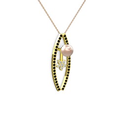 Pembe inci, siyah zirkon ve swarovski 925 ayar altın kaplama gümüş kolye (40 cm gümüş rolo zincir)