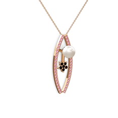Lenta İnci Kolye - Inci, pembe kuvars ve siyah zirkon 14 ayar rose altın kolye (40 cm rose altın rolo zincir) #g2hs89