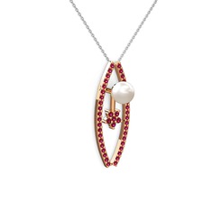 Lenta İnci Kolye - Inci ve rodolit garnet 925 ayar rose altın kaplama gümüş kolye (40 cm beyaz altın rolo zincir) #g5r8of