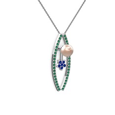 Lenta İnci Kolye - Pembe inci, yeşil kuvars ve lab safir 18 ayar beyaz altın kolye (40 cm gümüş rolo zincir) #gj1a9h