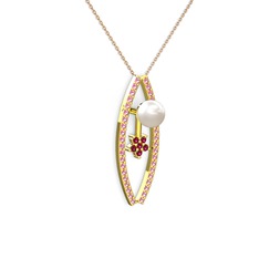 Lenta İnci Kolye - Inci, pembe kuvars ve rodolit garnet 18 ayar altın kolye (40 cm rose altın rolo zincir) #gtber2