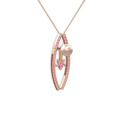 Pembe inci ve pembe kuvars 8 ayar rose altın kolye (40 cm rose altın rolo zincir)