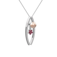 Pembe inci, swarovski ve rodolit garnet 8 ayar beyaz altın kolye (40 cm beyaz altın rolo zincir)