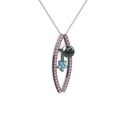 Lenta İnci Kolye - Siyah inci, pembe kuvars ve akuamarin 925 ayar siyah rodyum kaplama gümüş kolye (40 cm beyaz altın rolo zincir) #h7c69d