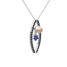 Lenta İnci Kolye - Pembe inci, siyah zirkon ve lab safir 925 ayar gümüş kolye (40 cm beyaz altın rolo zincir) #h8myr7