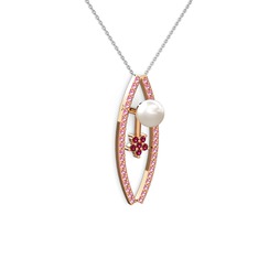 Lenta İnci Kolye - Inci, pembe kuvars ve rodolit garnet 14 ayar rose altın kolye (40 cm beyaz altın rolo zincir) #ha6g3s