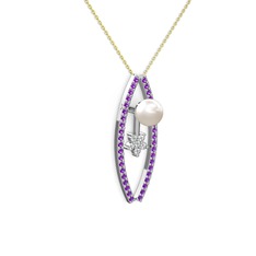 Lenta İnci Kolye - Inci, ametist ve pırlanta 18 ayar beyaz altın kolye (0.066 karat, 40 cm altın rolo zincir) #hdvbvv