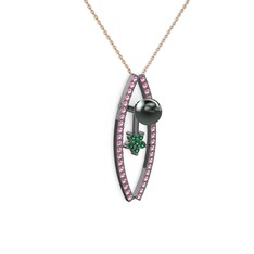 Lenta İnci Kolye - Siyah inci, pembe kuvars ve yeşil kuvars 925 ayar siyah rodyum kaplama gümüş kolye (40 cm rose altın rolo zincir) #hhpks8