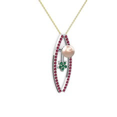 Pembe inci, rodolit garnet ve yeşil kuvars 8 ayar beyaz altın kolye (40 cm altın rolo zincir)