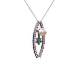 Lenta İnci Kolye - Pembe inci, pembe kuvars ve yeşil kuvars 925 ayar siyah rodyum kaplama gümüş kolye (40 cm beyaz altın rolo zincir) #hl5imc