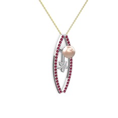 Lenta İnci Kolye - Pembe inci, rodolit garnet ve pırlanta 14 ayar beyaz altın kolye (0.066 karat, 40 cm altın rolo zincir) #hon0k6