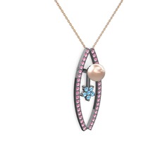 Pembe inci, pembe kuvars ve akuamarin 925 ayar siyah rodyum kaplama gümüş kolye (40 cm rose altın rolo zincir)