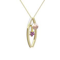 Pembe inci, pırlanta ve ametist 925 ayar altın kaplama gümüş kolye (0.3 karat, 40 cm altın rolo zincir)