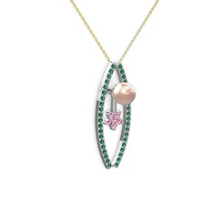 Lenta İnci Kolye - Pembe inci, yeşil kuvars ve pembe kuvars 925 ayar gümüş kolye (40 cm gümüş rolo zincir) #i49rup