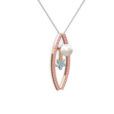 Inci, pembe kuvars ve akuamarin 8 ayar rose altın kolye (40 cm beyaz altın rolo zincir)