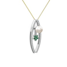 Lenta İnci Kolye - Inci, swarovski ve yeşil kuvars 8 ayar beyaz altın kolye (40 cm altın rolo zincir) #ip49oi