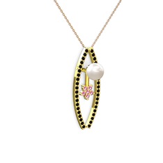 Inci, siyah zirkon ve pembe kuvars 8 ayar altın kolye (40 cm rose altın rolo zincir)