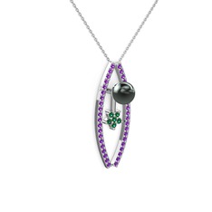 Lenta İnci Kolye - Siyah inci, ametist ve yeşil kuvars 14 ayar beyaz altın kolye (40 cm beyaz altın rolo zincir) #ixozb8