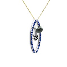 Lenta İnci Kolye - Siyah inci, lab safir ve siyah zirkon 14 ayar beyaz altın kolye (40 cm altın rolo zincir) #iz6fj3
