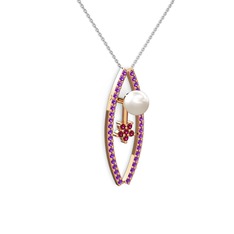 Lenta İnci Kolye - Inci, ametist ve rodolit garnet 14 ayar rose altın kolye (40 cm beyaz altın rolo zincir) #j7trb6