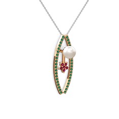 Lenta İnci Kolye - Inci, yeşil kuvars ve rodolit garnet 8 ayar rose altın kolye (40 cm beyaz altın rolo zincir) #jd2b96