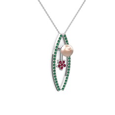 Pembe inci, yeşil kuvars ve rodolit garnet 925 ayar gümüş kolye (40 cm beyaz altın rolo zincir)