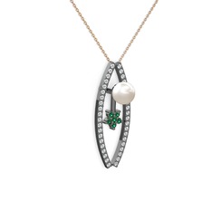 Lenta İnci Kolye - Inci, swarovski ve yeşil kuvars 925 ayar siyah rodyum kaplama gümüş kolye (40 cm rose altın rolo zincir) #jhj2js