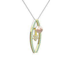 Lenta İnci Kolye - Pembe inci, akuamarin ve pırlanta 8 ayar altın kolye (0.066 karat, 40 cm beyaz altın rolo zincir) #jpbs0m