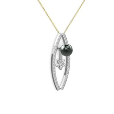 Lenta İnci Kolye - Siyah inci, swarovski ve pırlanta 925 ayar gümüş kolye (0.066 karat, 40 cm altın rolo zincir) #jporc9