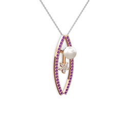 Lenta İnci Kolye - Inci, ametist ve pırlanta 14 ayar rose altın kolye (0.066 karat, 40 cm beyaz altın rolo zincir) #jzz8b2
