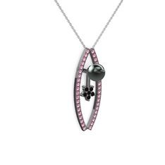 Lenta İnci Kolye - Siyah inci, pembe kuvars ve siyah zirkon 925 ayar siyah rodyum kaplama gümüş kolye (40 cm beyaz altın rolo zincir) #k0cgam