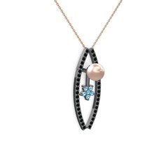 Lenta İnci Kolye - Pembe inci, siyah zirkon ve akuamarin 925 ayar siyah rodyum kaplama gümüş kolye (40 cm rose altın rolo zincir) #k45l2g