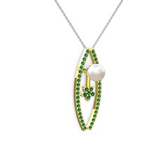 Lenta İnci Kolye - Inci ve yeşil kuvars 8 ayar altın kolye (40 cm beyaz altın rolo zincir) #k4uj22