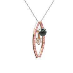Siyah inci, pembe kuvars ve swarovski 8 ayar rose altın kolye (40 cm beyaz altın rolo zincir)